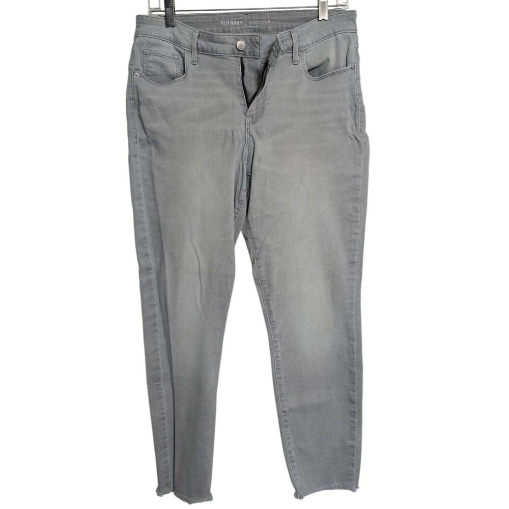 Old Navy Rockstar Mid Rise Jeans Raw Hem Granite Gray Stretch Sz 10 Indie Grunge